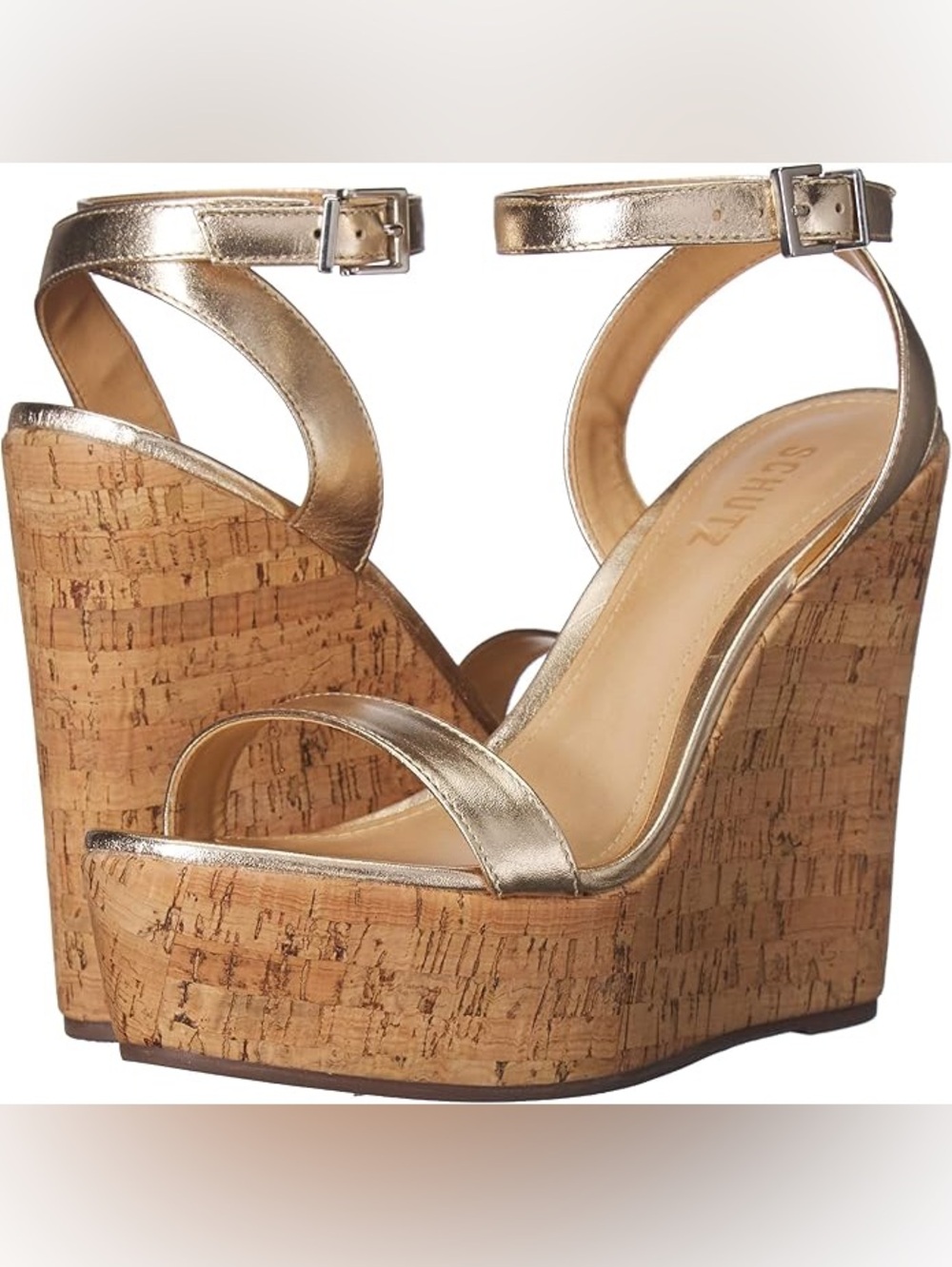 SCHUTZ Eduarda Metallic Gold Cork Platform Wedge Sandals with Ankle Strap